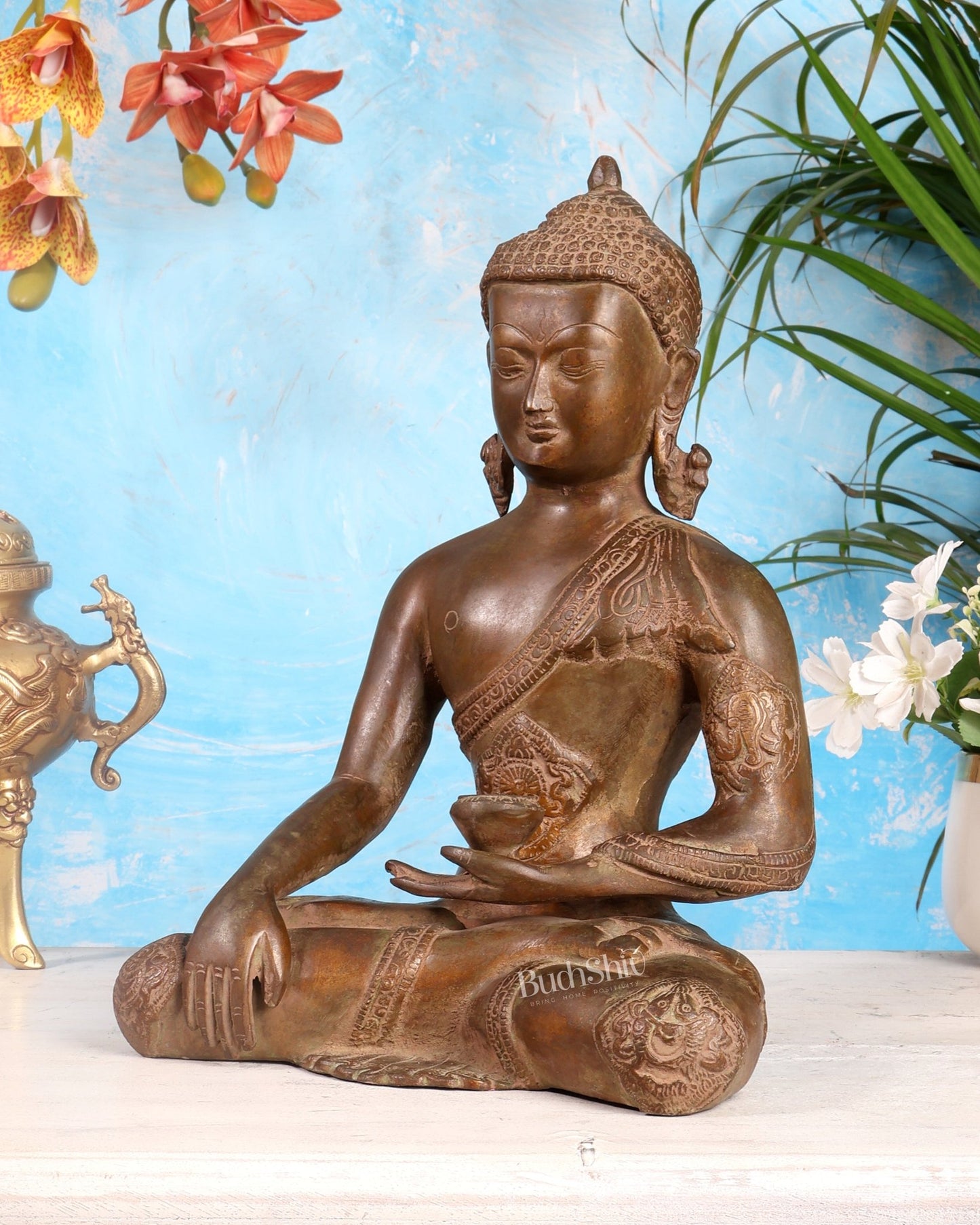 Brass Buddha Statue – Copper Tone Spiritual Artefact 12 inch - Budhshiv.com
