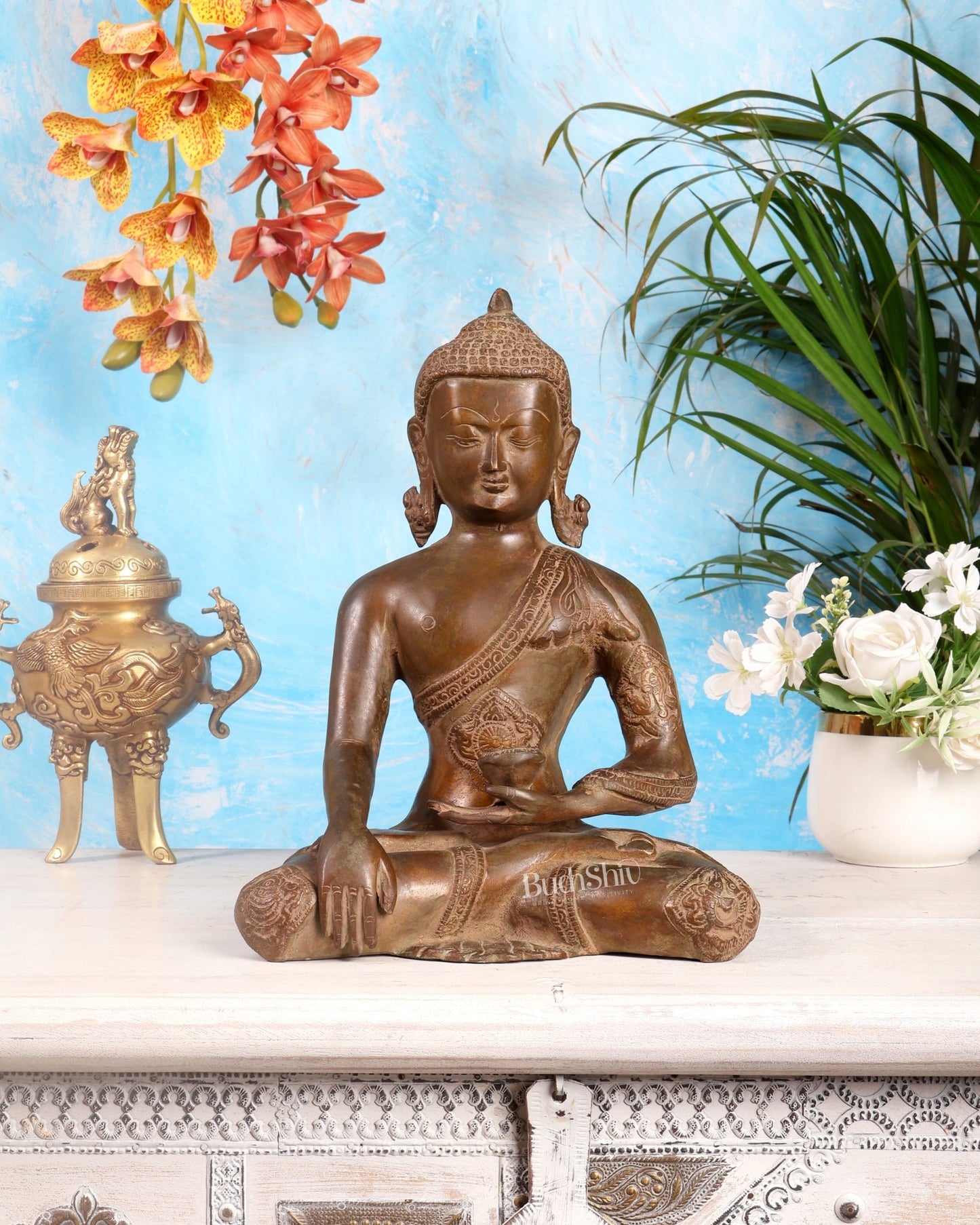 Brass Buddha Statue – Copper Tone Spiritual Artefact 12 inch - Budhshiv.com