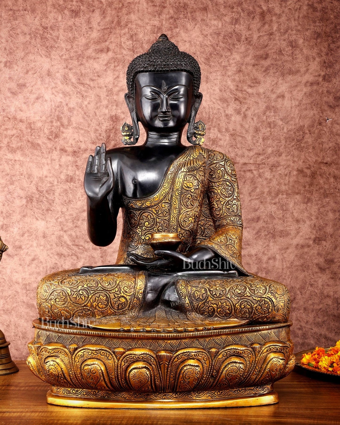 Brass Buddha Statue in Abhaya Mudra - 21.5" Tall, 22kg - Budhshiv.com