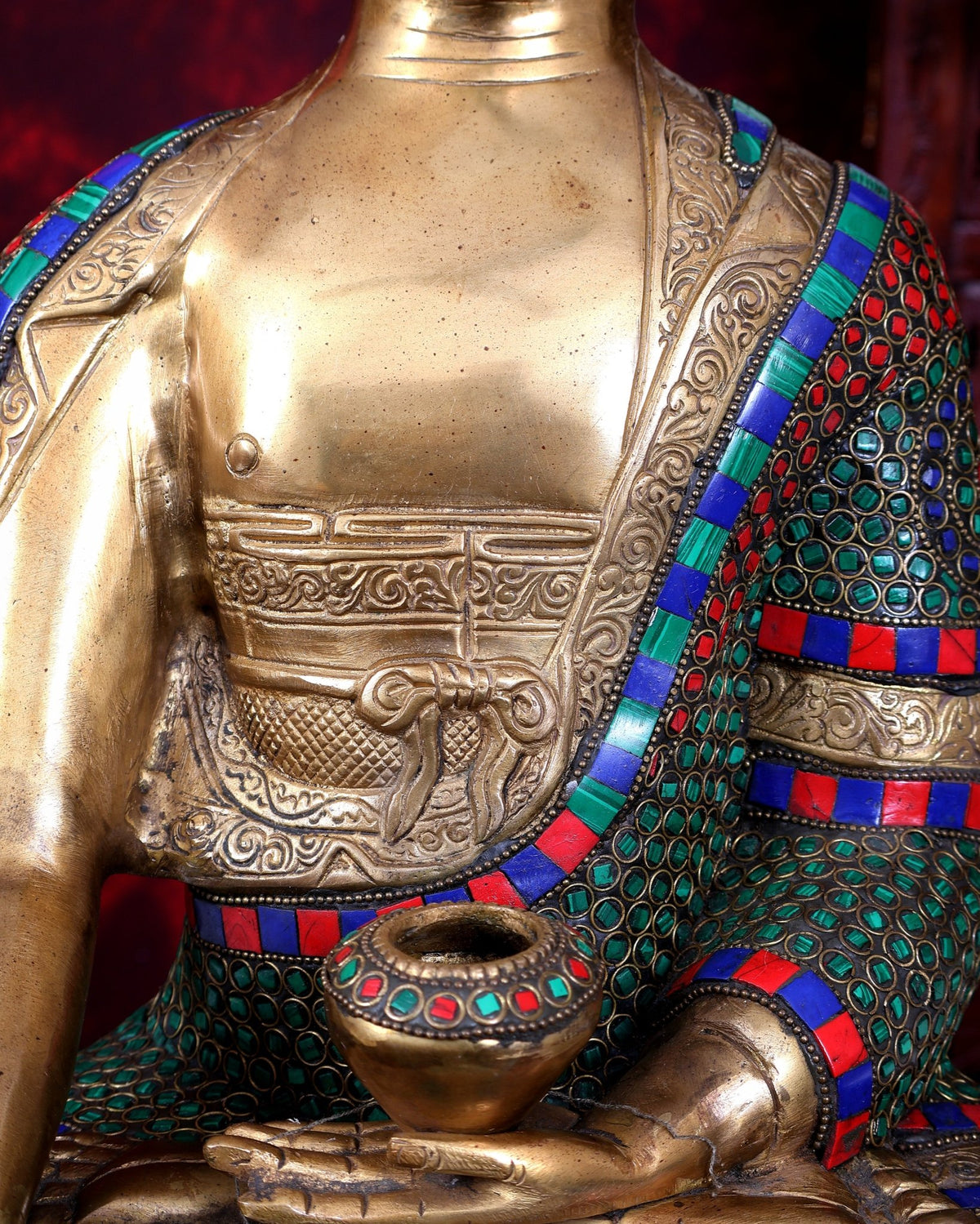 Brass Buddha Statue in Bhoomisparsha Mudra with Medicine Bowl - 21.5 Inch stonework - Budhshiv.com