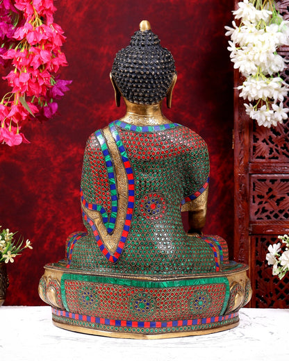 Brass Buddha Statue in Bhoomisparsha Mudra with Medicine Bowl - 21.5 Inch stonework - Budhshiv.com