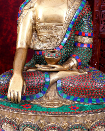 Brass Buddha Statue in Bhoomisparsha Mudra with Medicine Bowl - 21.5 Inch stonework - Budhshiv.com