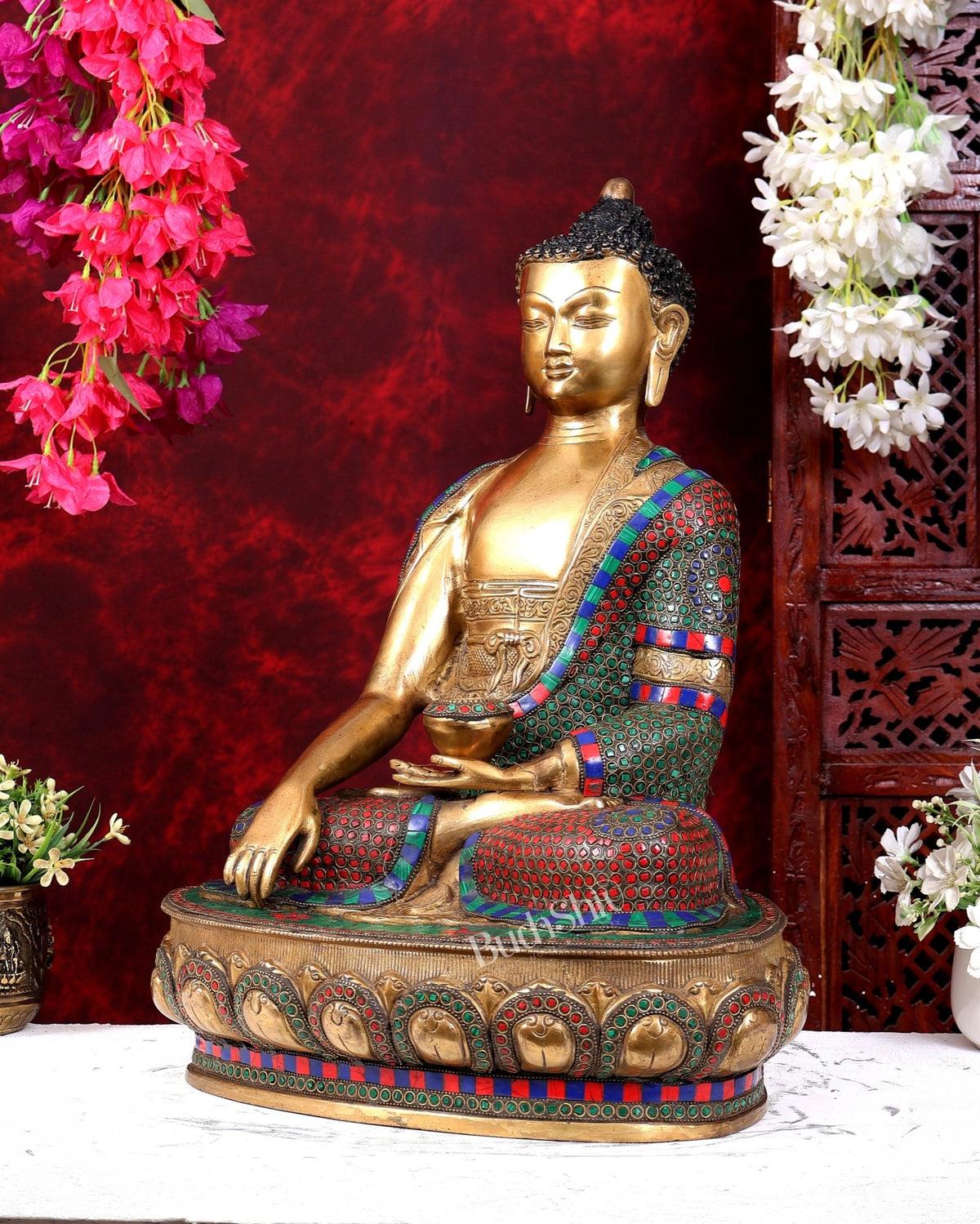 Brass Buddha Statue in Bhoomisparsha Mudra with Medicine Bowl - 21.5 Inch stonework - Budhshiv.com
