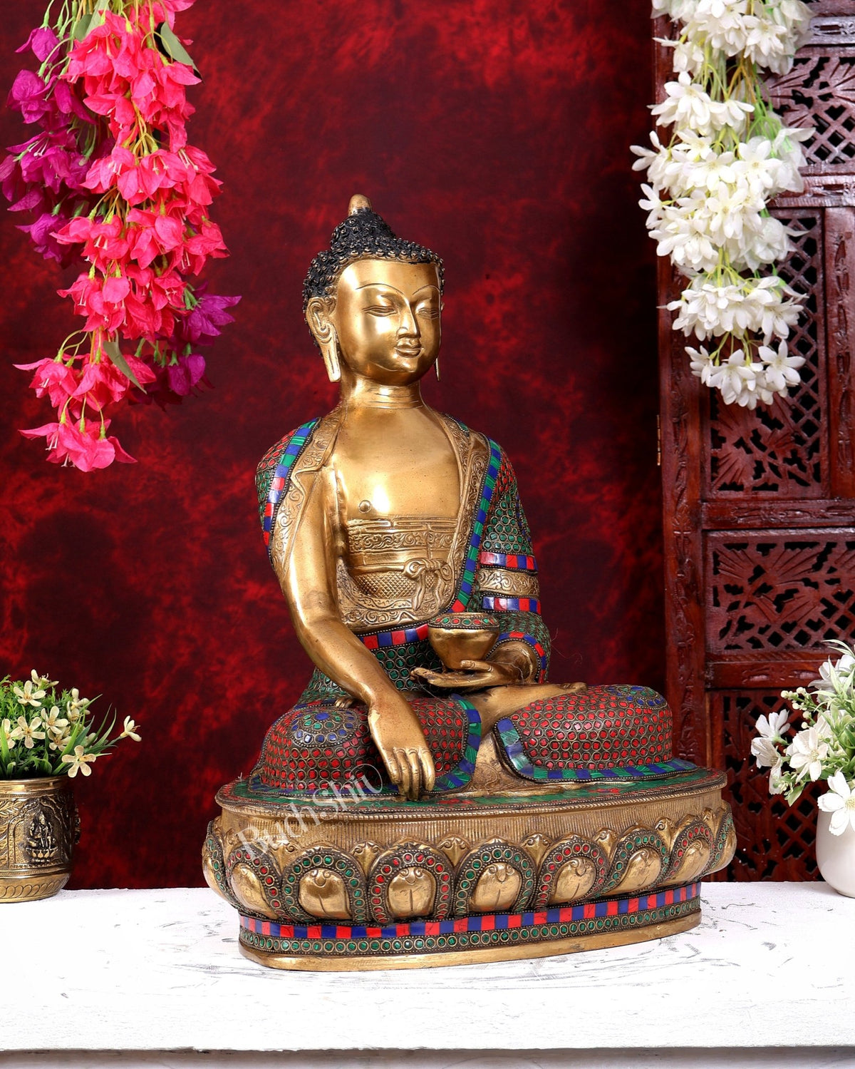 Brass Buddha Statue in Bhoomisparsha Mudra with Medicine Bowl - 21.5 Inch stonework - Budhshiv.com