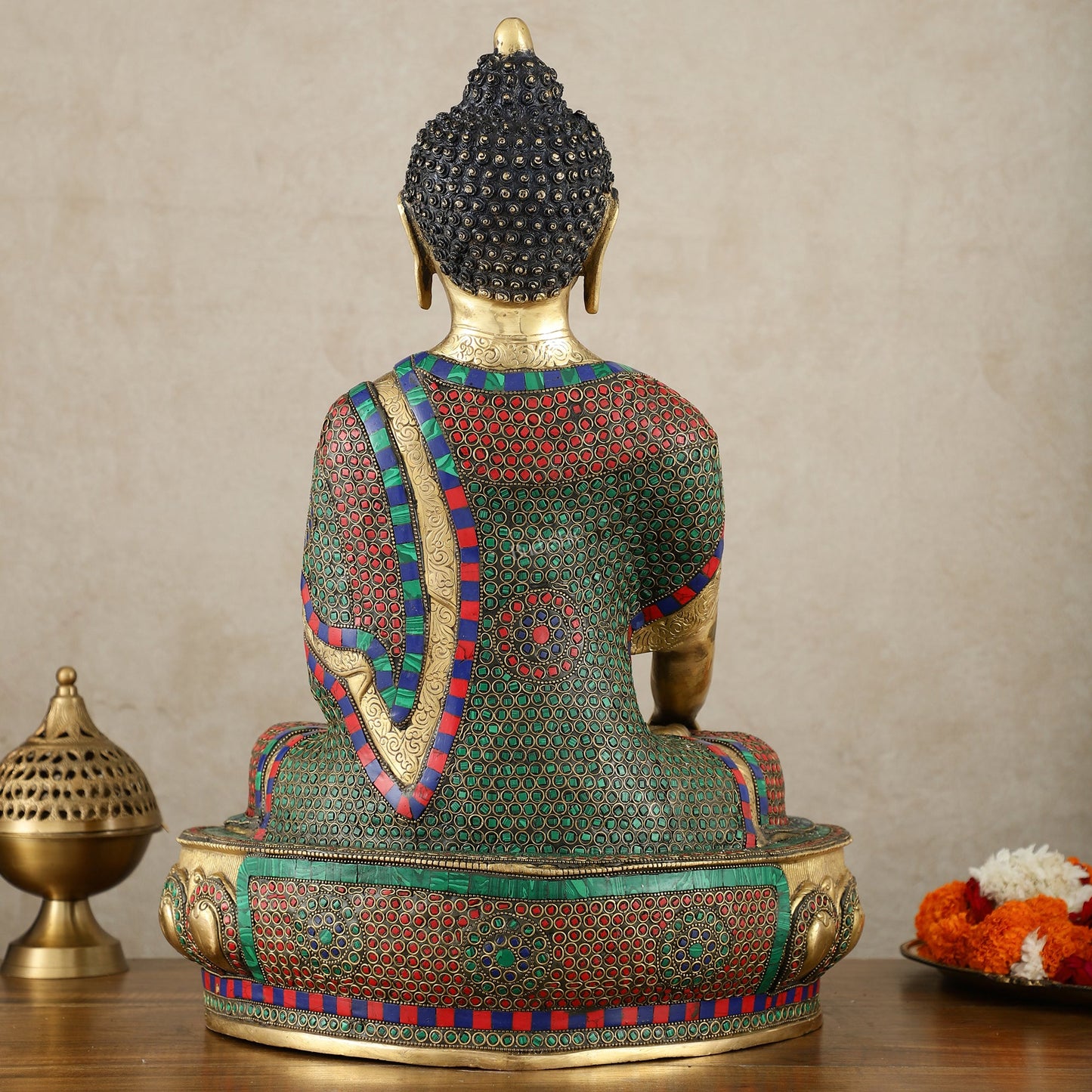Brass Buddha Statue in Bhoomisparsha Mudra with Medicine Bowl - 21.5 Inch - Budhshiv.com