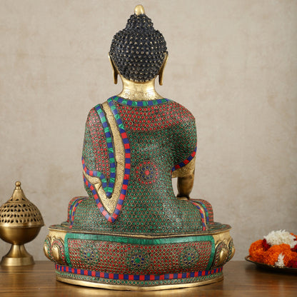 Brass Buddha Statue in Bhoomisparsha Mudra with Medicine Bowl - 21.5 Inch - Budhshiv.com