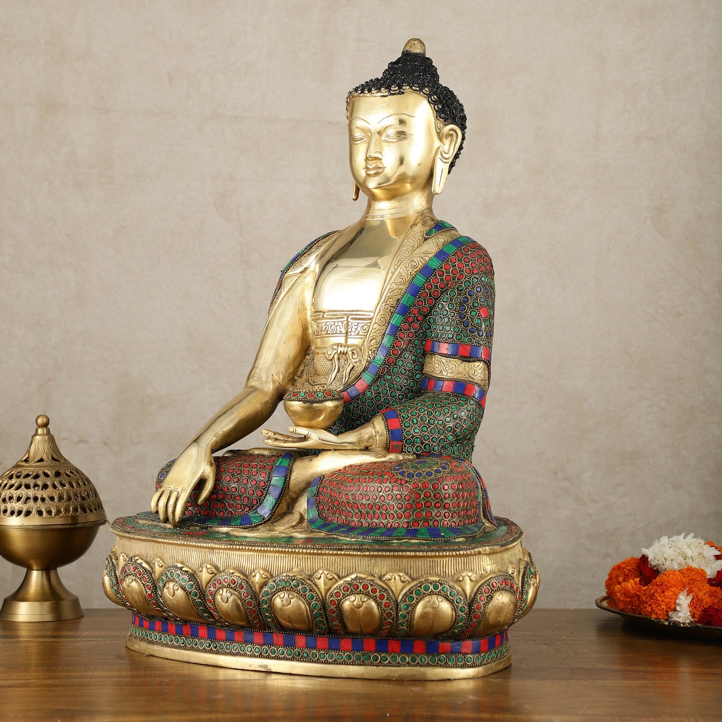 Brass Buddha Statue in Bhoomisparsha Mudra with Medicine Bowl - 21.5 Inch - Budhshiv.com