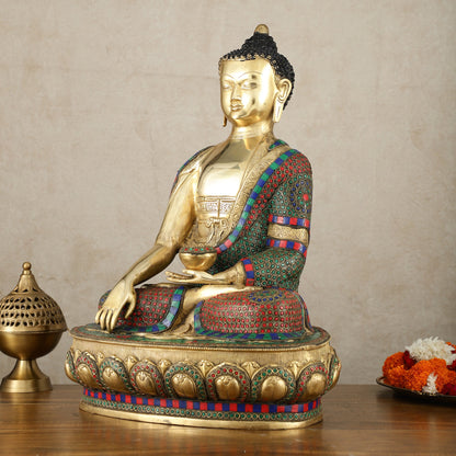 Brass Buddha Statue in Bhoomisparsha Mudra with Medicine Bowl - 21.5 Inch - Budhshiv.com