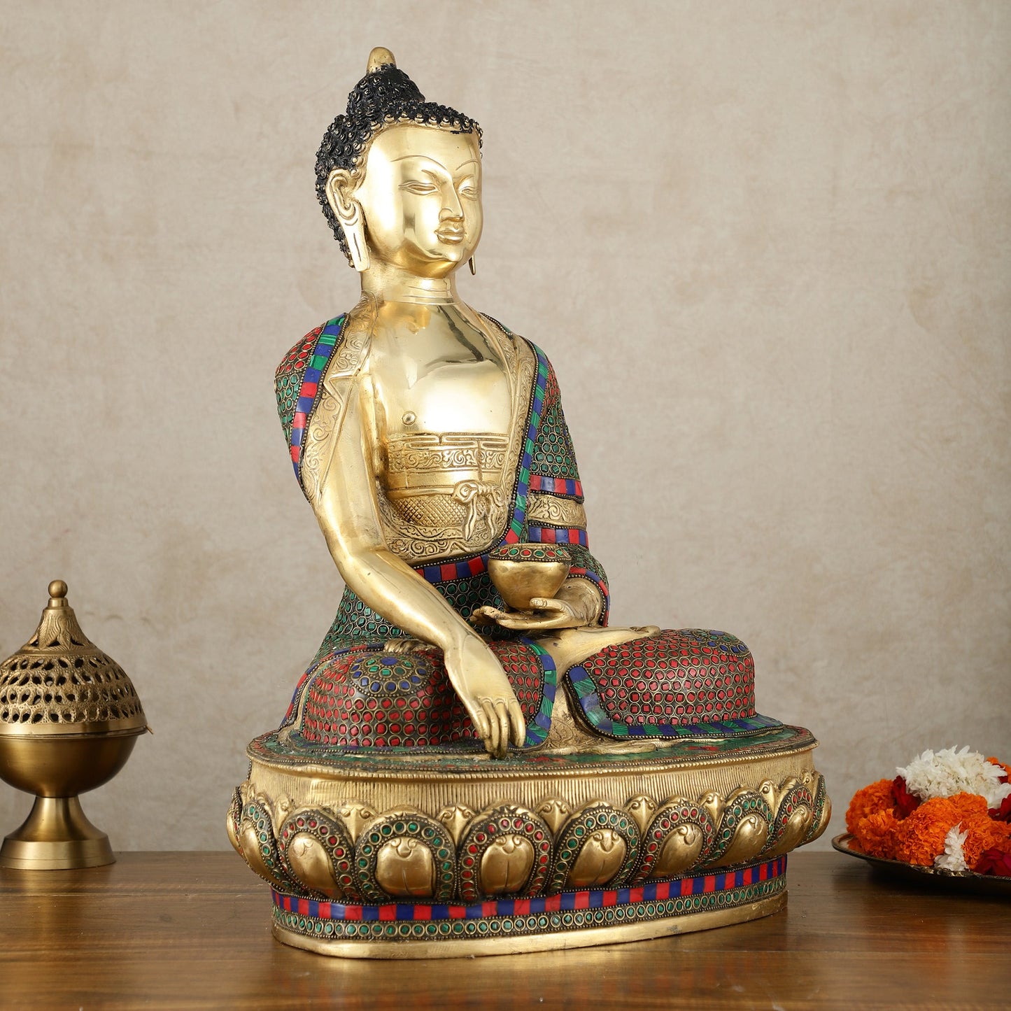 Brass Buddha Statue in Bhoomisparsha Mudra with Medicine Bowl - 21.5 Inch - Budhshiv.com