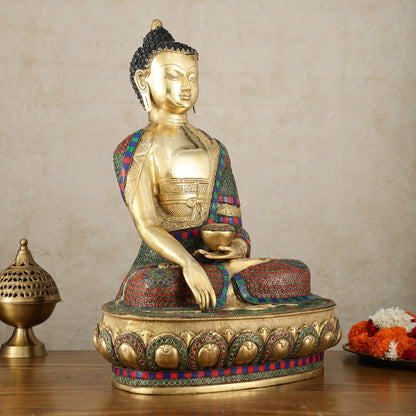 Brass Buddha Statue in Bhoomisparsha Mudra with Medicine Bowl - 21.5 Inch - Budhshiv.com