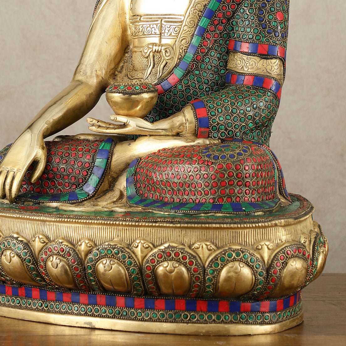 Brass Buddha Statue in Bhoomisparsha Mudra with Medicine Bowl - 21.5 Inch - Budhshiv.com