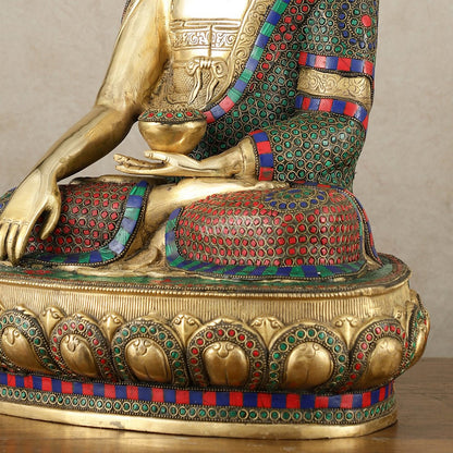 Brass Buddha Statue in Bhoomisparsha Mudra with Medicine Bowl - 21.5 Inch - Budhshiv.com