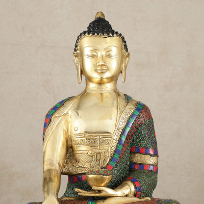 Brass Buddha Statue in Bhoomisparsha Mudra with Medicine Bowl - 21.5 Inch - Budhshiv.com