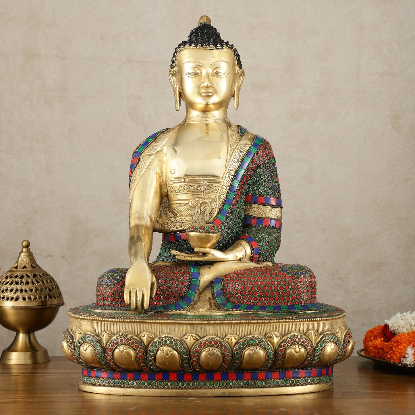 Brass Buddha Statue in Bhoomisparsha Mudra with Medicine Bowl - 21.5 Inch - Budhshiv.com