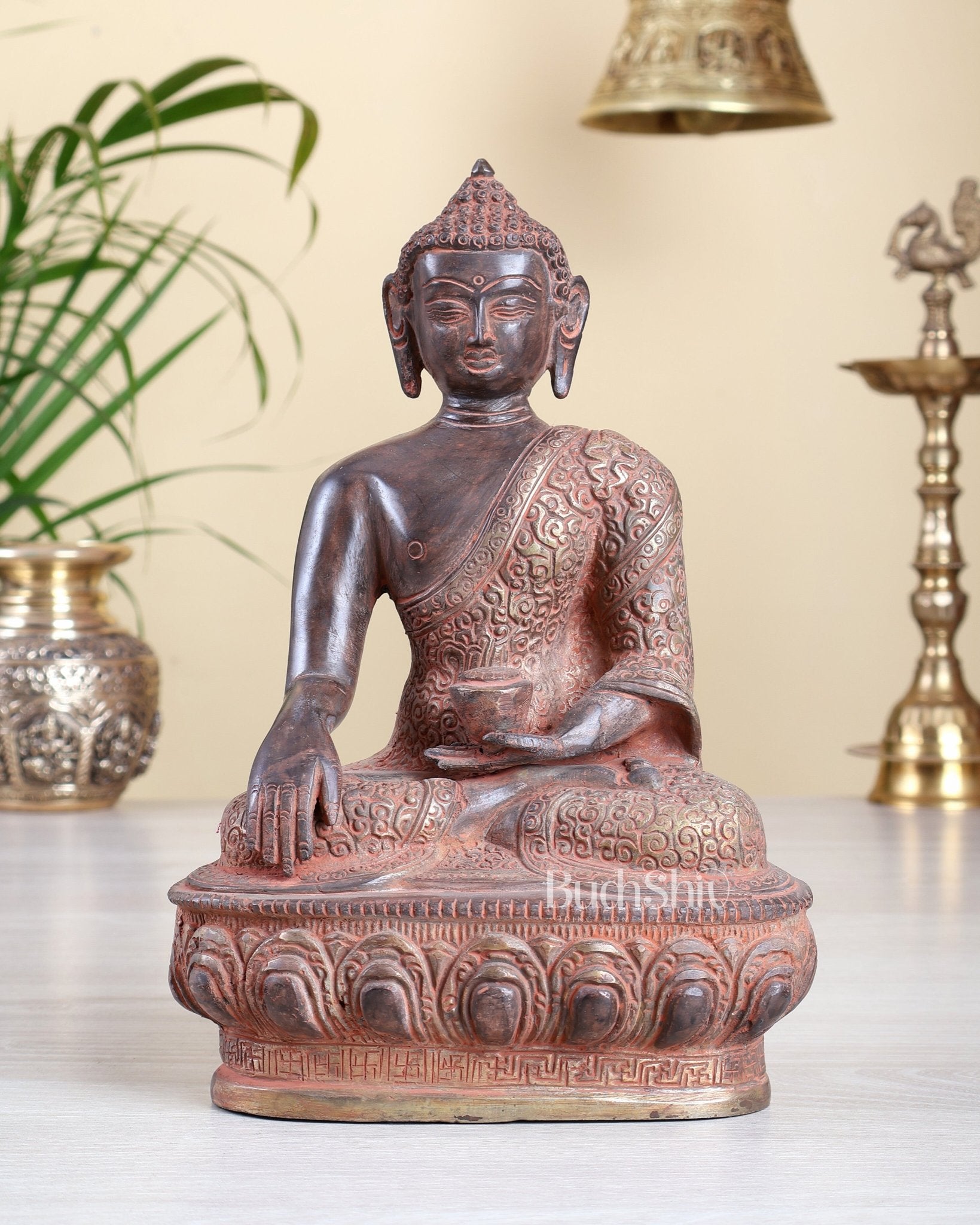 Brass Buddha Statue – Pink Silver Sand Patina Meditation Buddha Sculpture 9.5" - Budhshiv.com