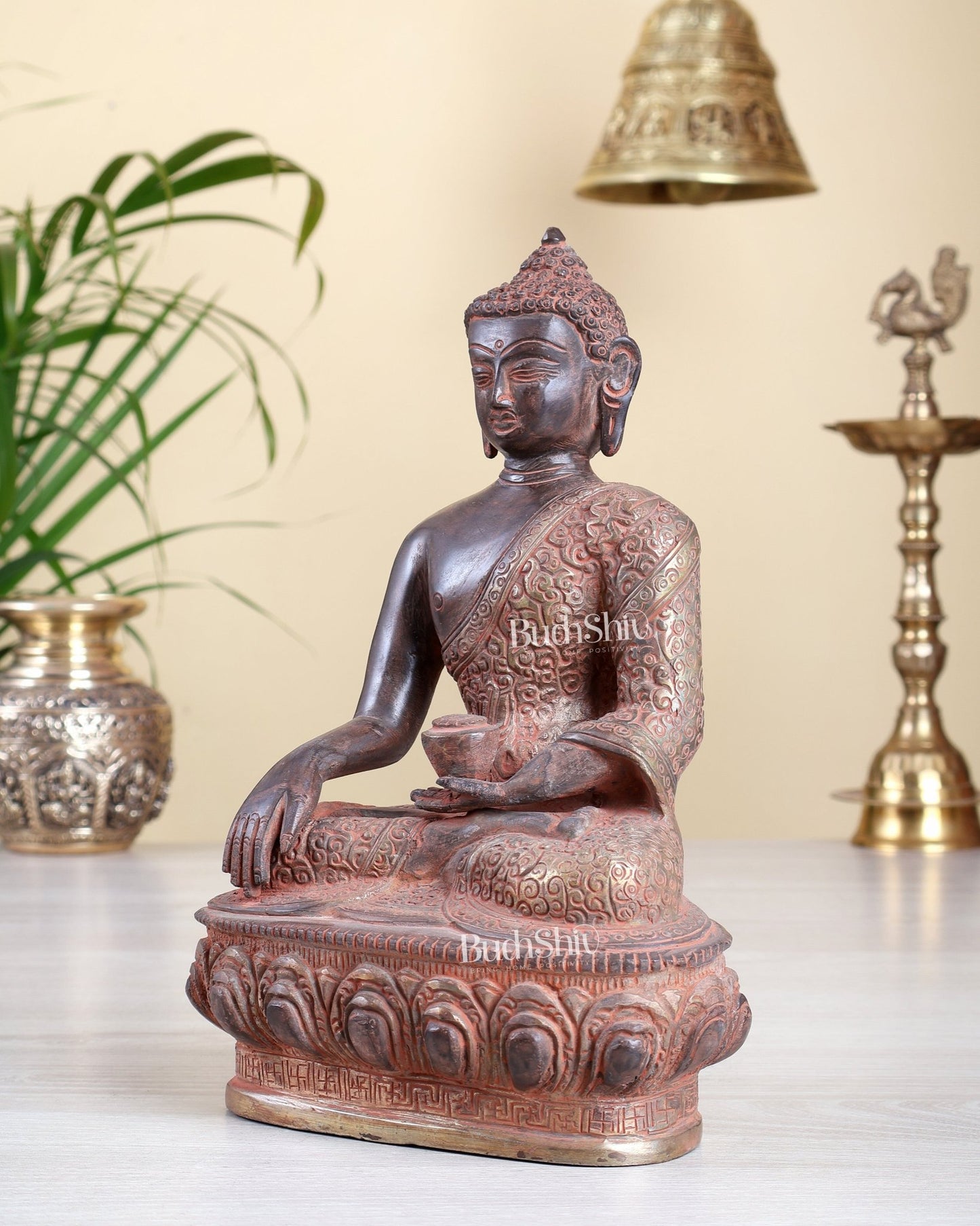 Brass Buddha Statue – Pink Silver Sand Patina Meditation Buddha Sculpture 9.5" - Budhshiv.com