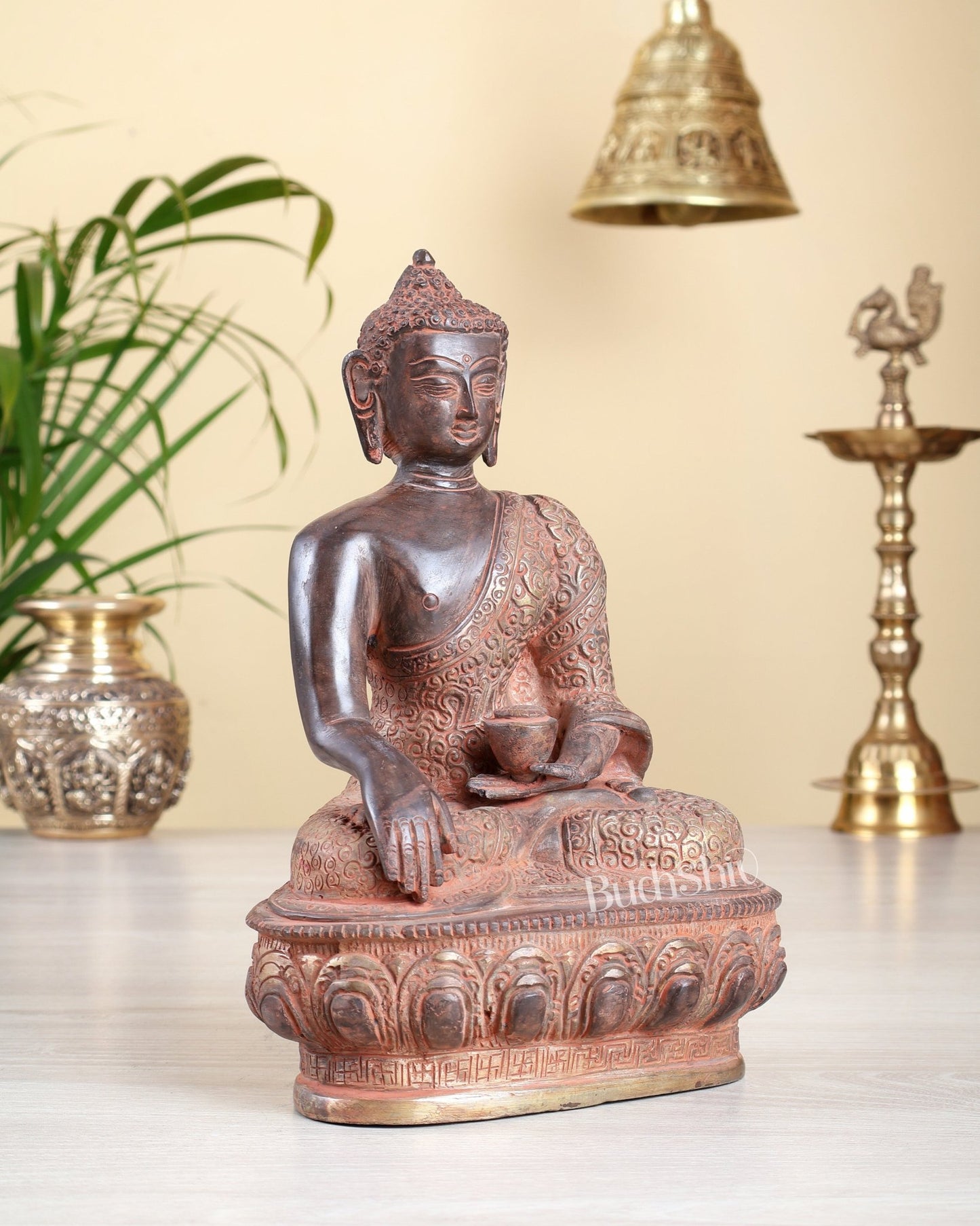 Brass Buddha Statue – Pink Silver Sand Patina Meditation Buddha Sculpture 9.5" - Budhshiv.com