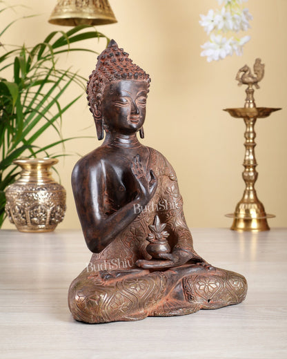 Brass Buddha Statue – Red Sand Finish with Silver Toning Calm Meditation Sculpture 10" - Budhshiv.com