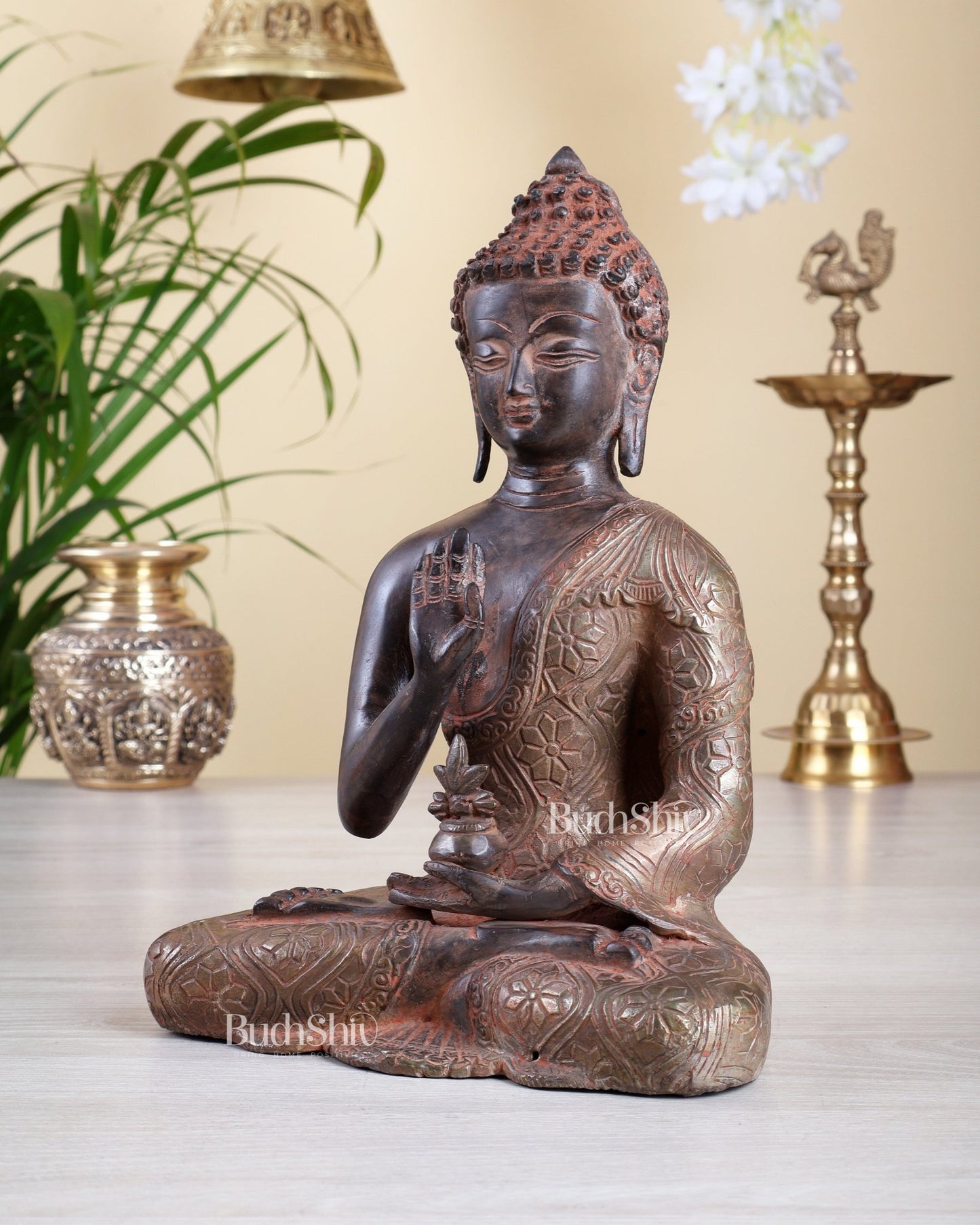 Brass Buddha Statue – Red Sand Finish with Silver Toning Calm Meditation Sculpture 10" - Budhshiv.com