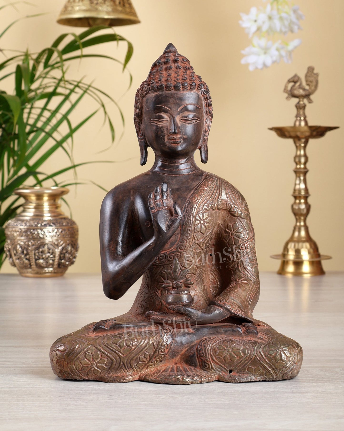 Brass Buddha Statue – Red Sand Finish with Silver Toning Calm Meditation Sculpture 10" - Budhshiv.com