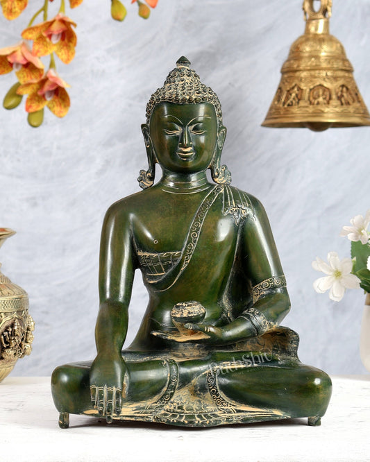 Brass Buddha Statue – Serene Heritage Spiritual Artefact 11 inch vintage green - Budhshiv.com