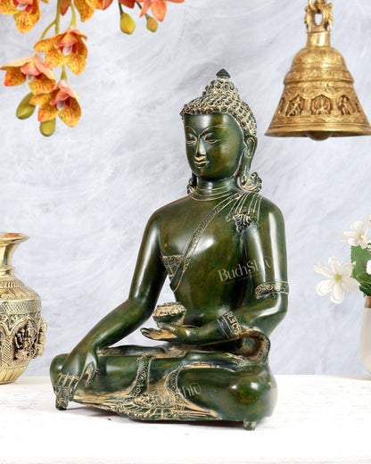 Brass Buddha Statue – Serene Heritage Spiritual Artefact 11 inch vintage green - Budhshiv.com