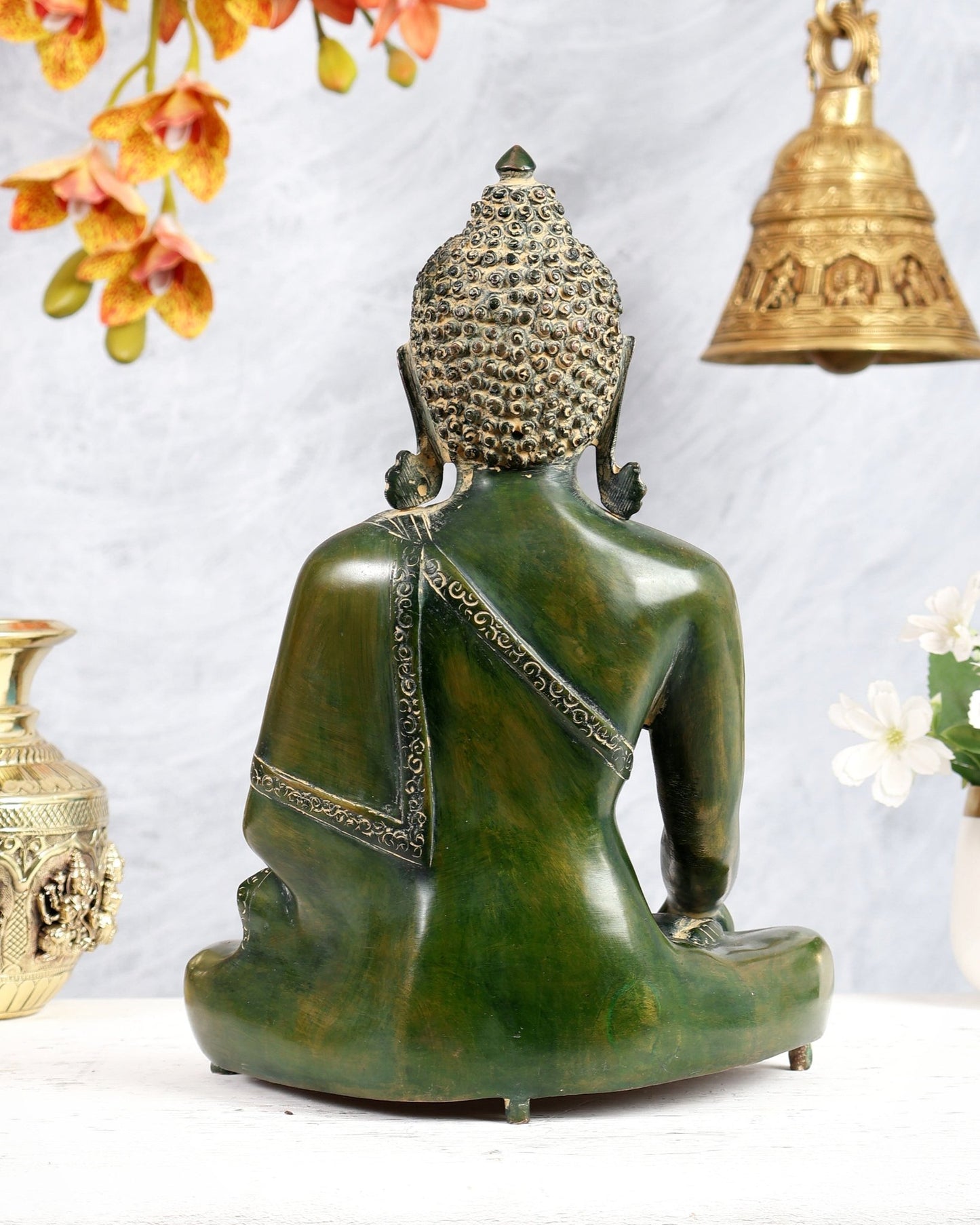 Brass Buddha Statue – Serene Heritage Spiritual Artefact 11 inch vintage green - Budhshiv.com