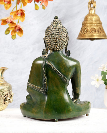 Brass Buddha Statue – Serene Heritage Spiritual Artefact 11 inch vintage green - Budhshiv.com