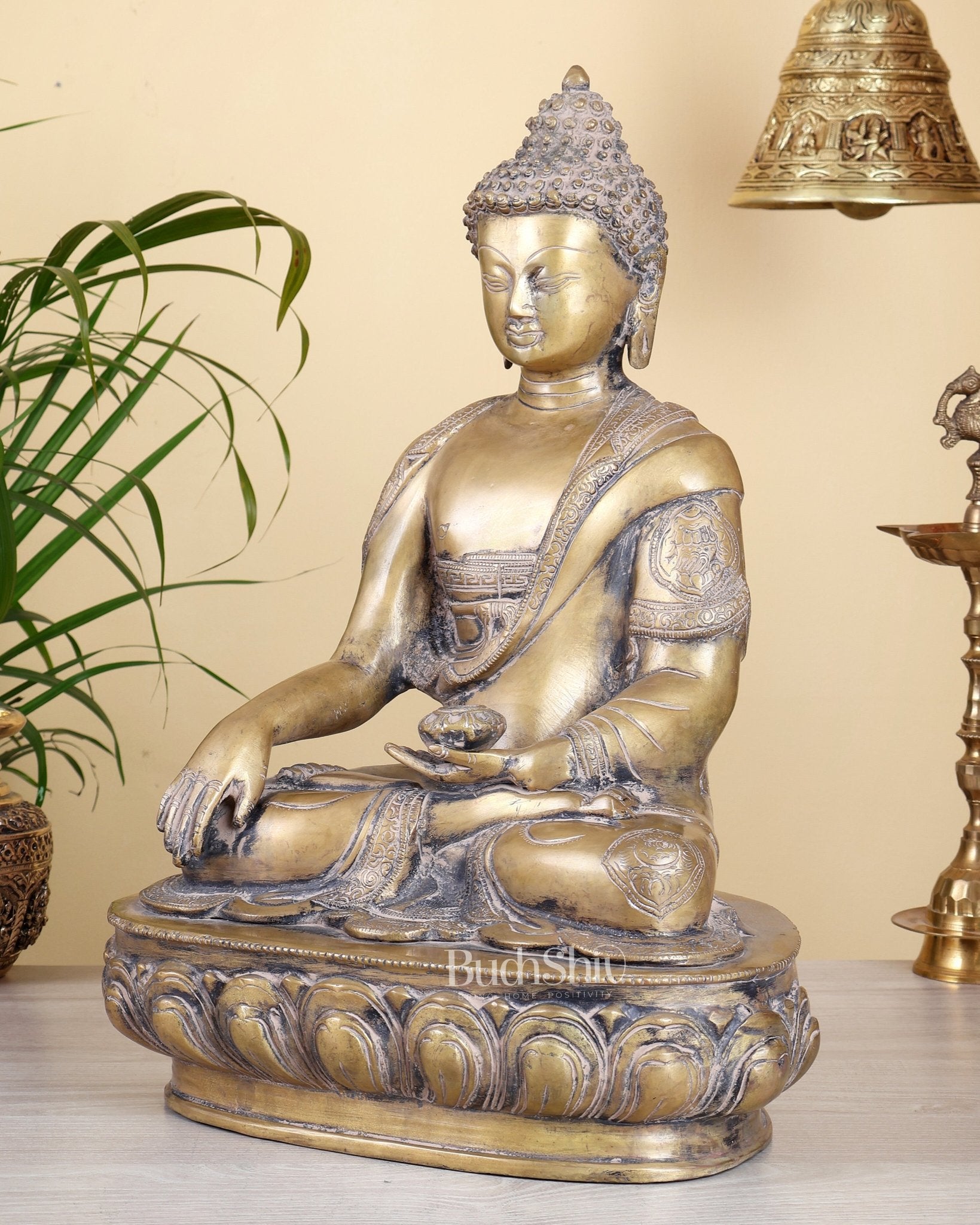 Brass Buddha Statue Super Antique Finish – 17 Inch Large Vintage Sculpture - Budhshiv.com