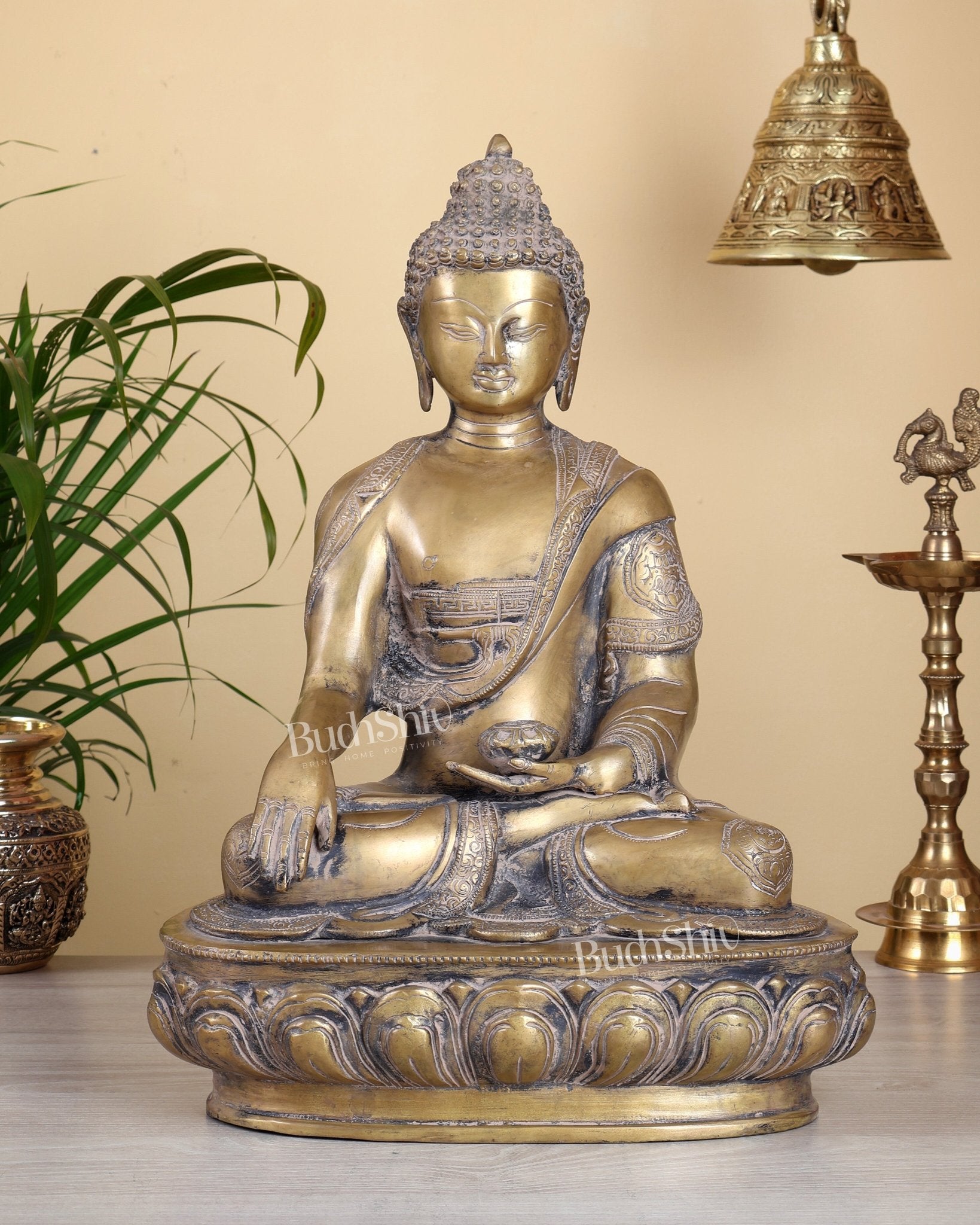 Brass Buddha Statue Super Antique Finish – 17 Inch Large Vintage Sculpture - Budhshiv.com