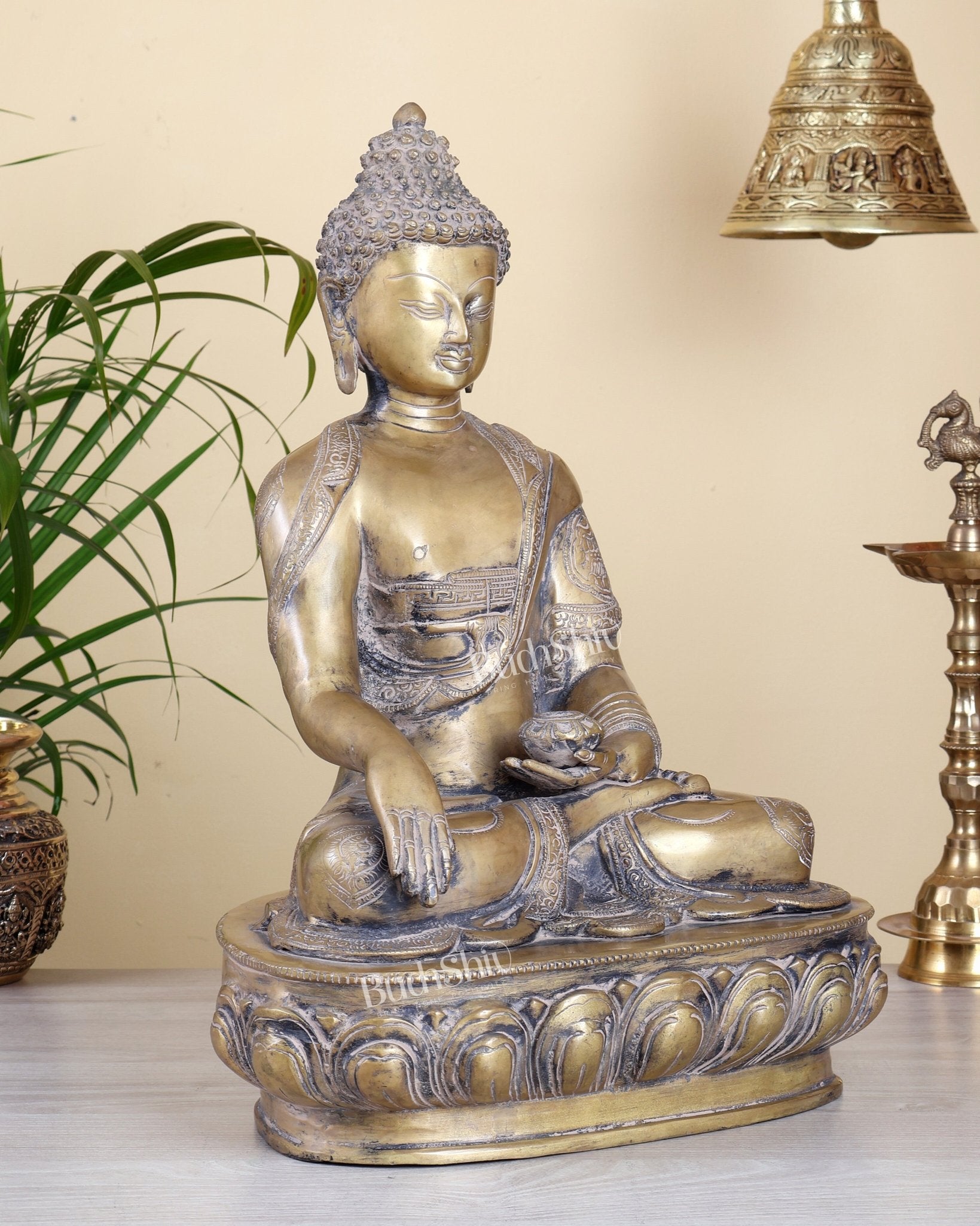 Brass Buddha Statue Super Antique Finish – 17 Inch Large Vintage Sculpture - Budhshiv.com