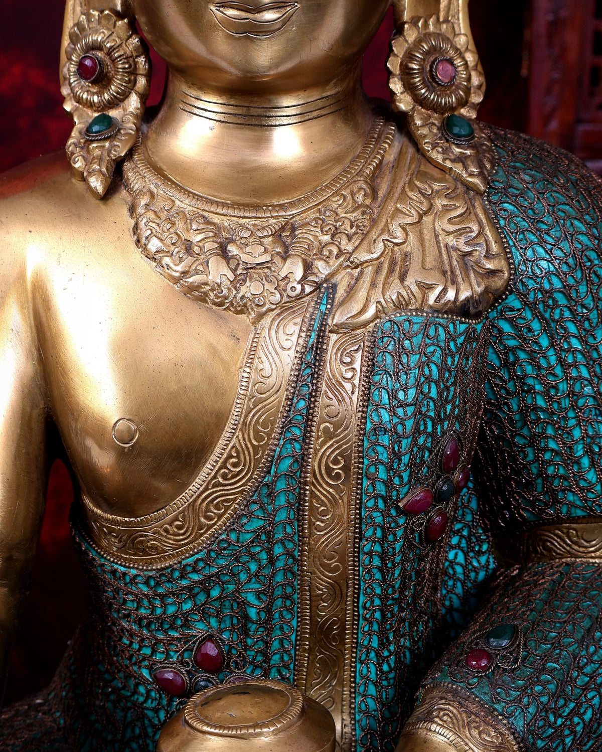 Brass Buddha statue with crown large sized inlay Nepalese copper wire meenakari 22 inch - Budhshiv.com