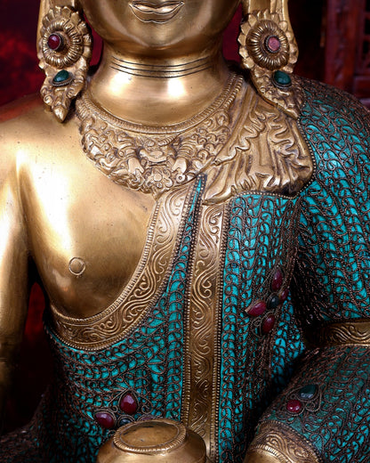 Brass Buddha statue with crown large sized inlay Nepalese copper wire meenakari 22 inch - Budhshiv.com