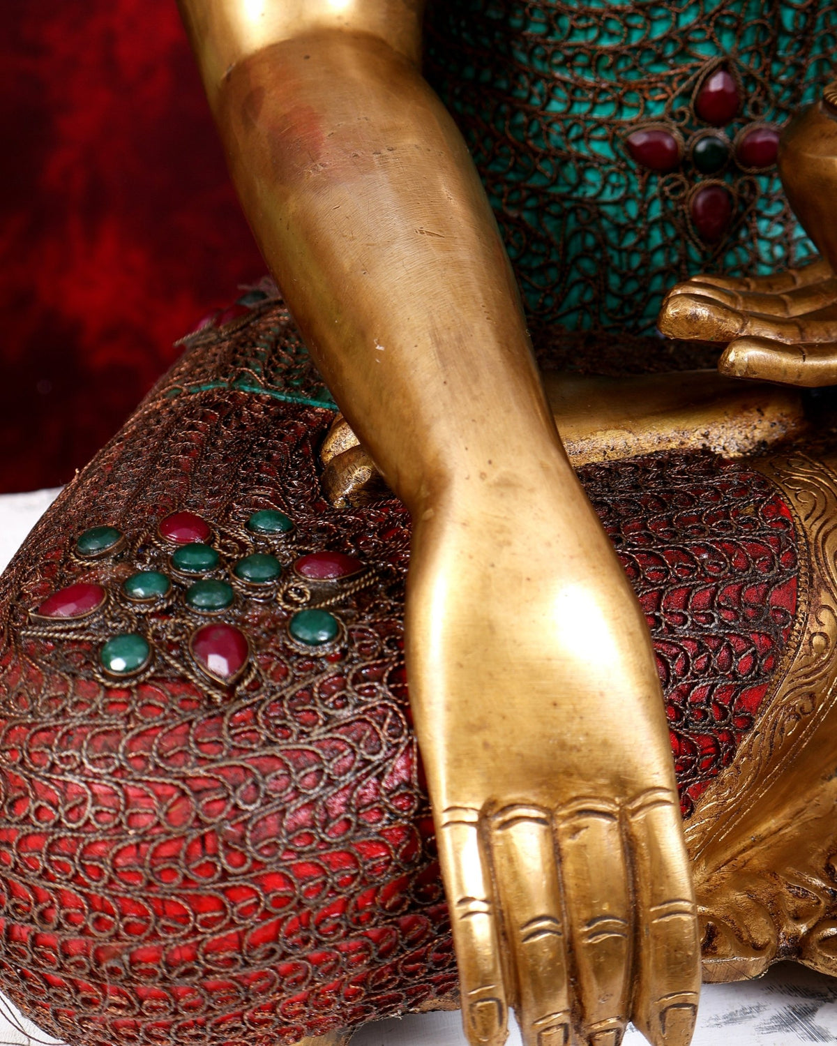 Brass Buddha statue with crown large sized inlay Nepalese copper wire meenakari 22 inch - Budhshiv.com