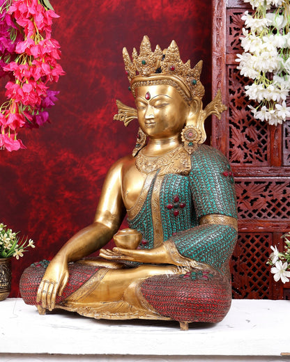 Brass Buddha statue with crown large sized inlay Nepalese copper wire meenakari 22 inch - Budhshiv.com