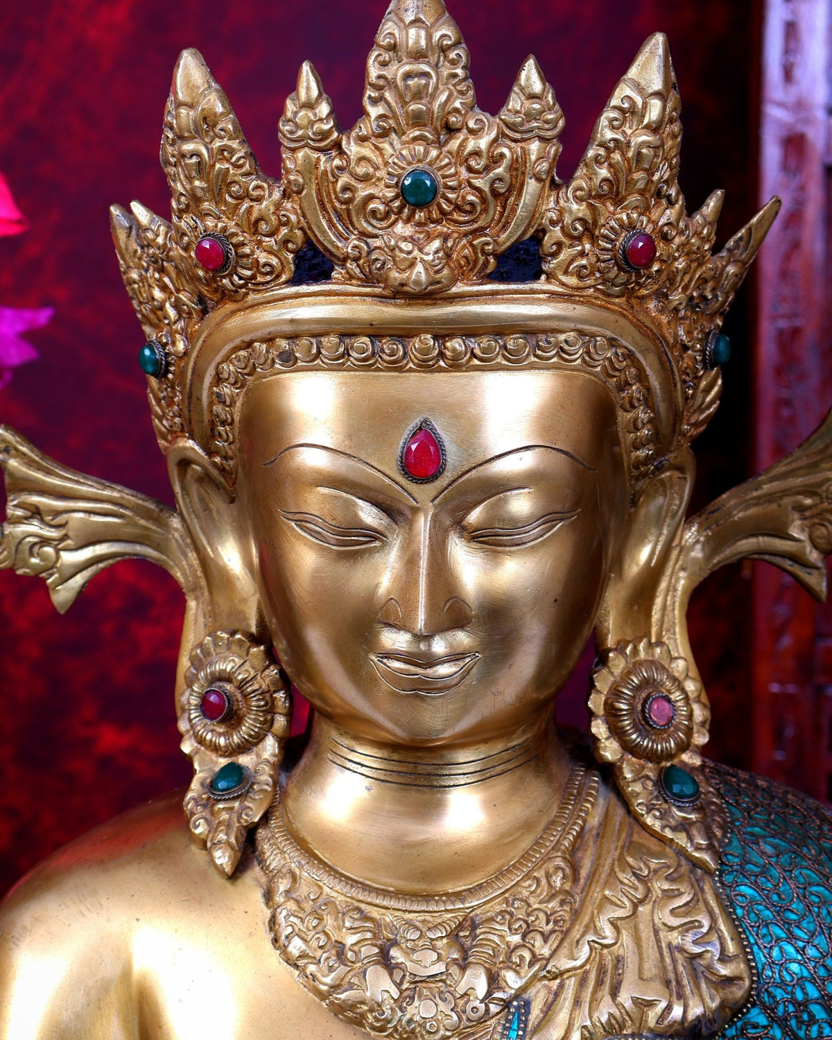 Brass Buddha statue with crown large sized inlay Nepalese copper wire meenakari 22 inch - Budhshiv.com