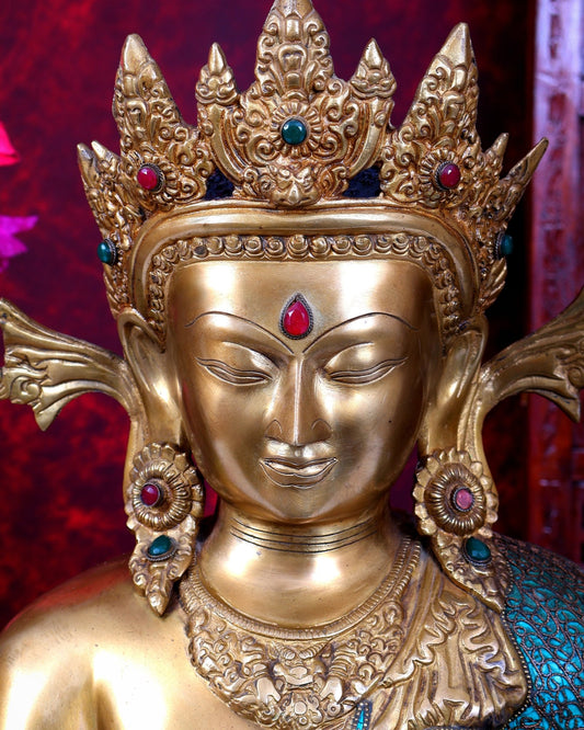 Brass Buddha statue with crown large sized inlay Nepalese copper wire meenakari 22 inch - Budhshiv.com