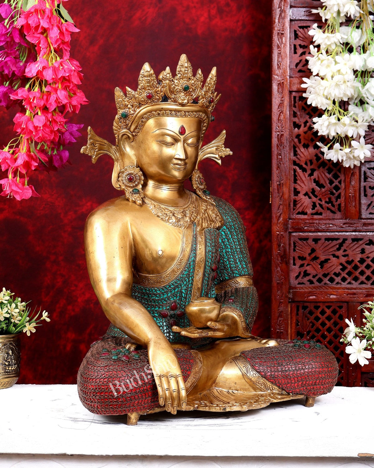 Brass Buddha statue with crown large sized inlay Nepalese copper wire meenakari 22 inch - Budhshiv.com