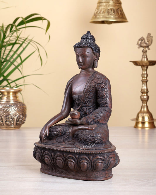 Brass Buddha Statue with Dragon Carvings – Copper Tone Antique Buddhist Sculpture 10.5" - Budhshiv.com