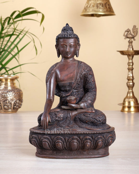 Brass Buddha Statue with Dragon Carvings – Copper Tone Antique Buddhist Sculpture 10.5" - Budhshiv.com