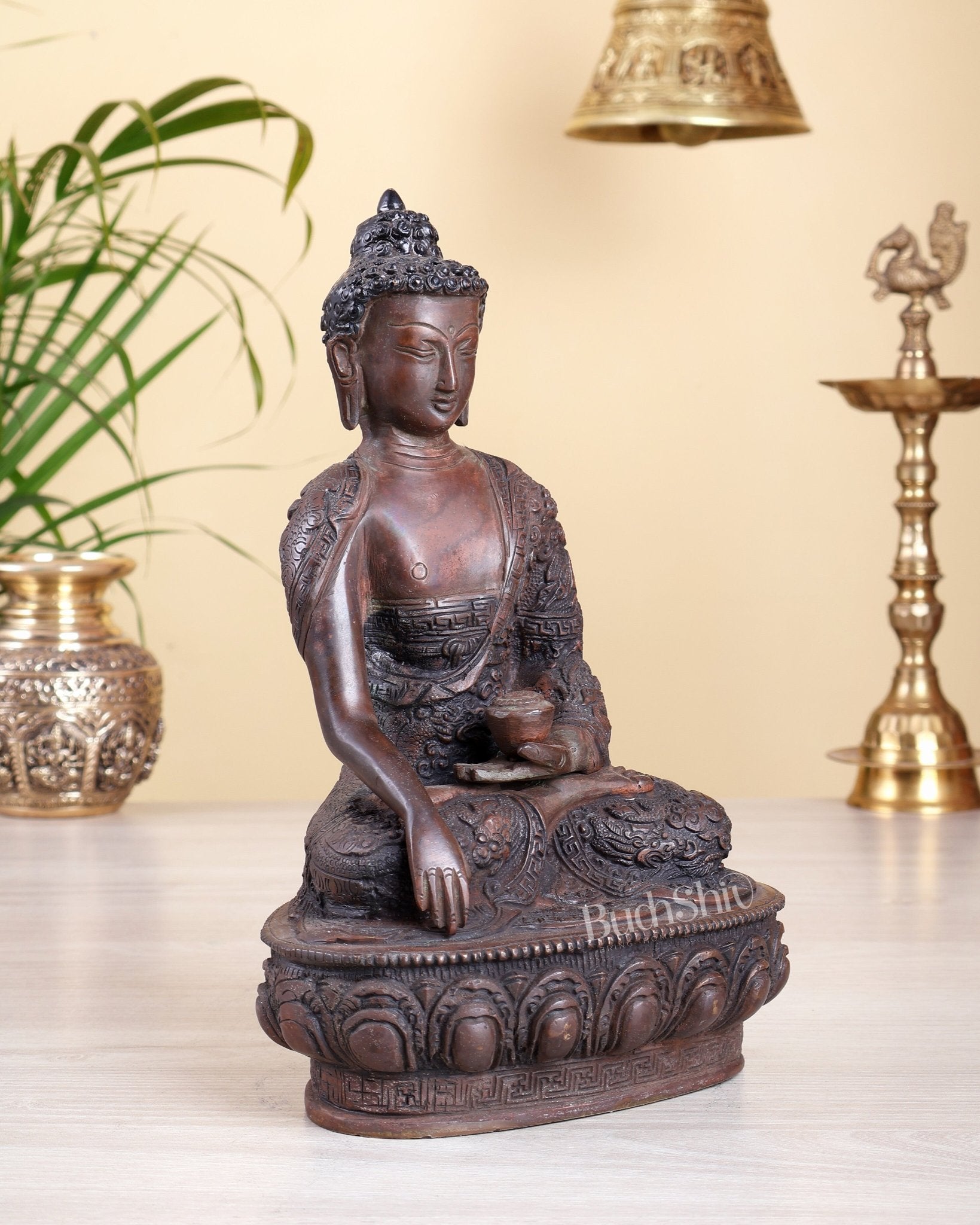 Brass Buddha Statue with Dragon Carvings – Copper Tone Antique Buddhist Sculpture 10.5" - Budhshiv.com