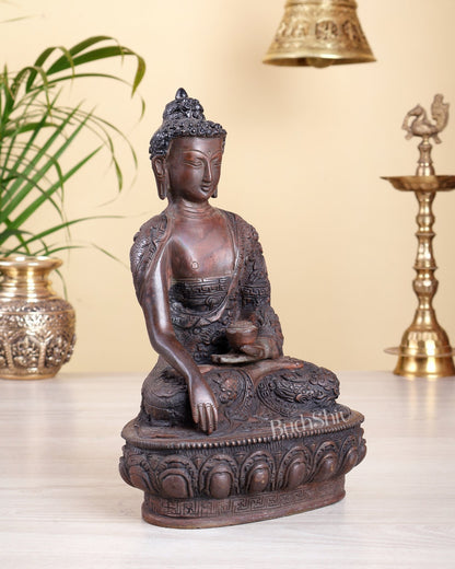 Brass Buddha Statue with Dragon Carvings – Copper Tone Antique Buddhist Sculpture 10.5" - Budhshiv.com