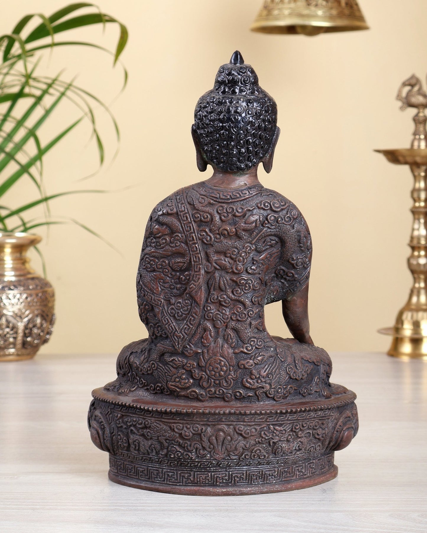 Brass Buddha Statue with Dragon Carvings – Copper Tone Antique Buddhist Sculpture 10.5" - Budhshiv.com