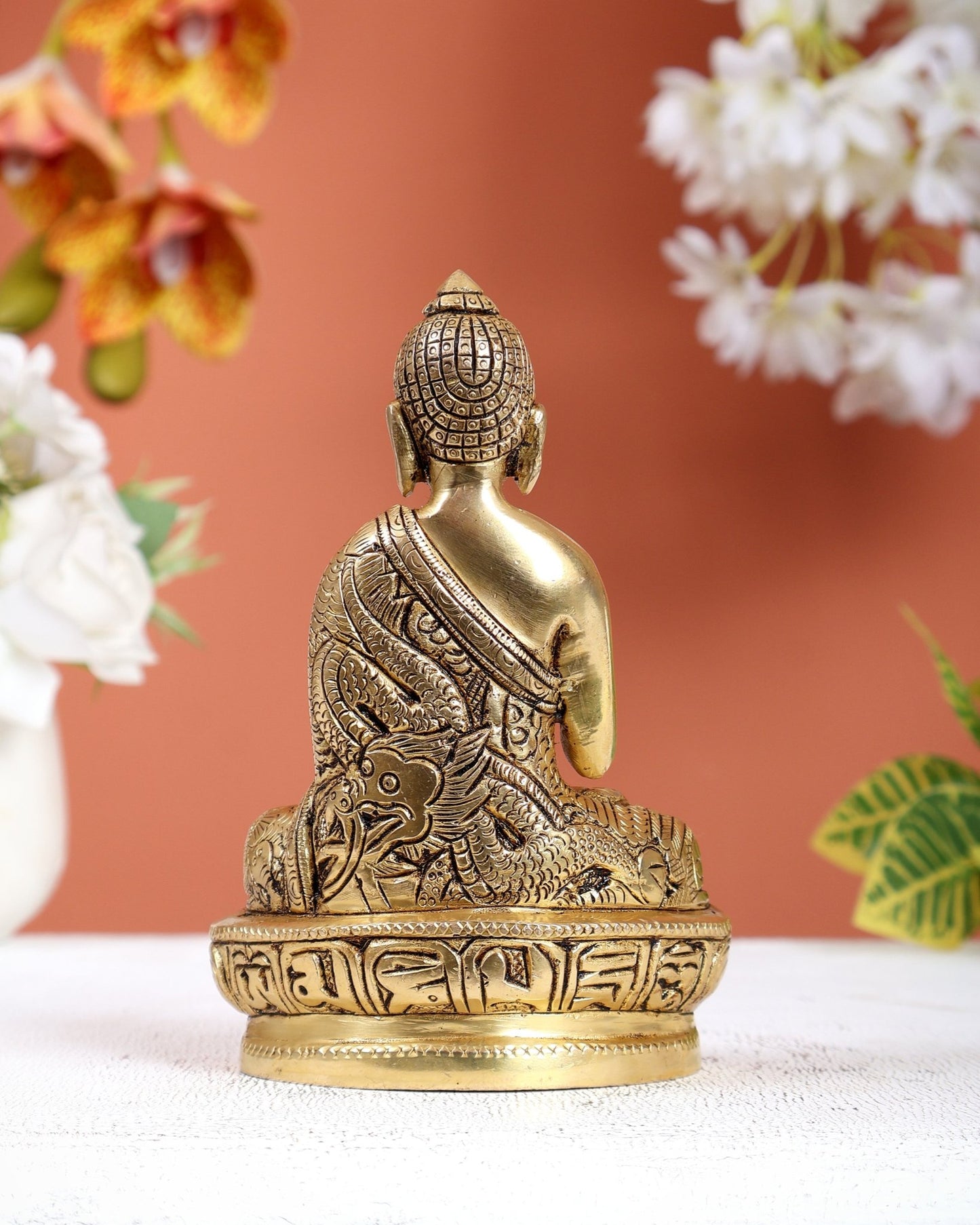Brass Buddha Statue with Dragon Carvings – Intricately Detailed Small Sculpture - Budhshiv.com