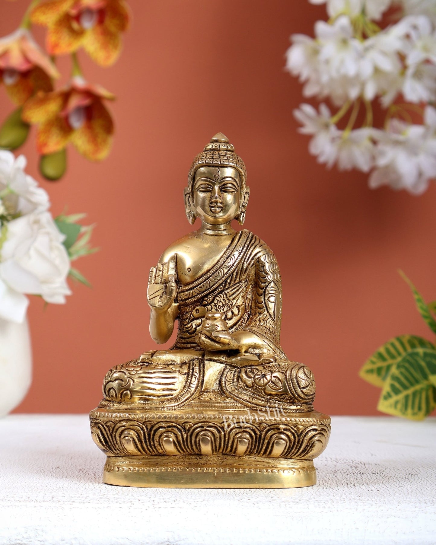 Brass Buddha Statue with Dragon Carvings – Intricately Detailed Small Sculpture - Budhshiv.com