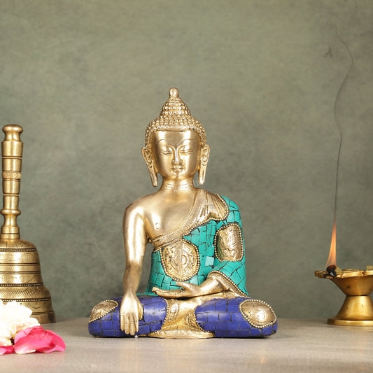 Brass Buddha Statue with Exquisite Stonework 8" - Budhshiv.com