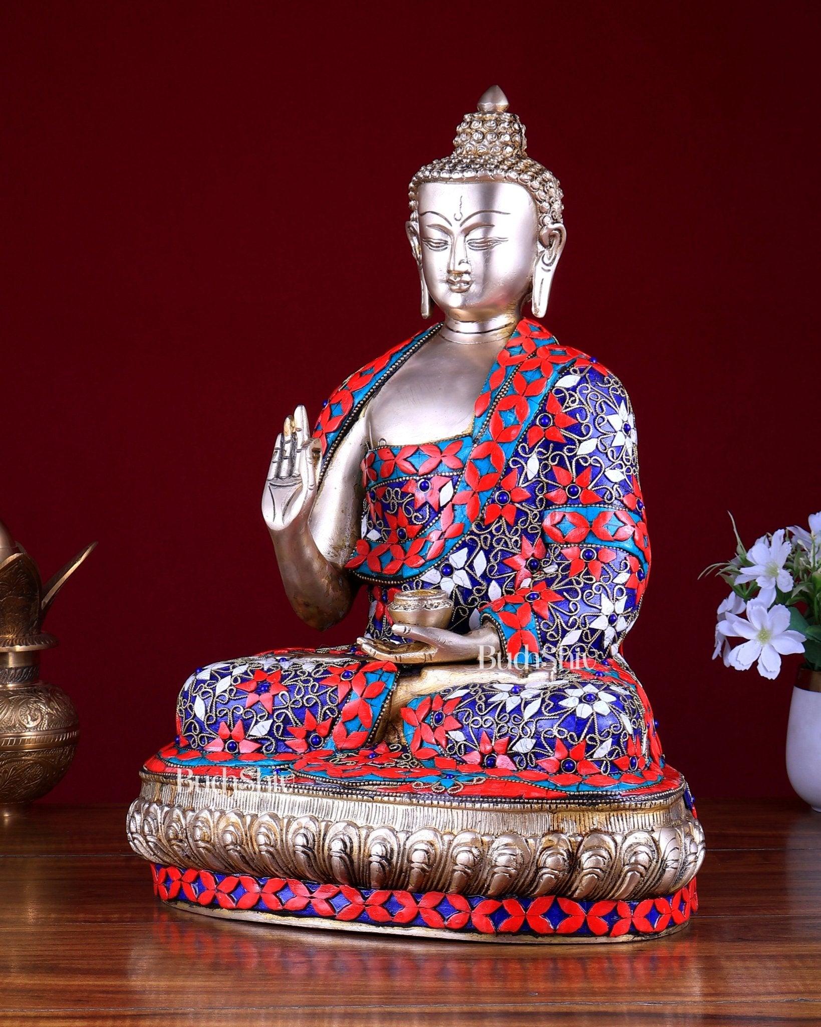 Brass Buddha Statue with Floral Stonework 16 inch - Budhshiv.com
