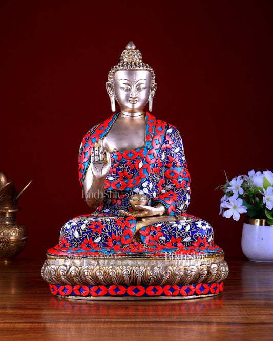 Brass Buddha Statue with Floral Stonework 16 inch - Budhshiv.com