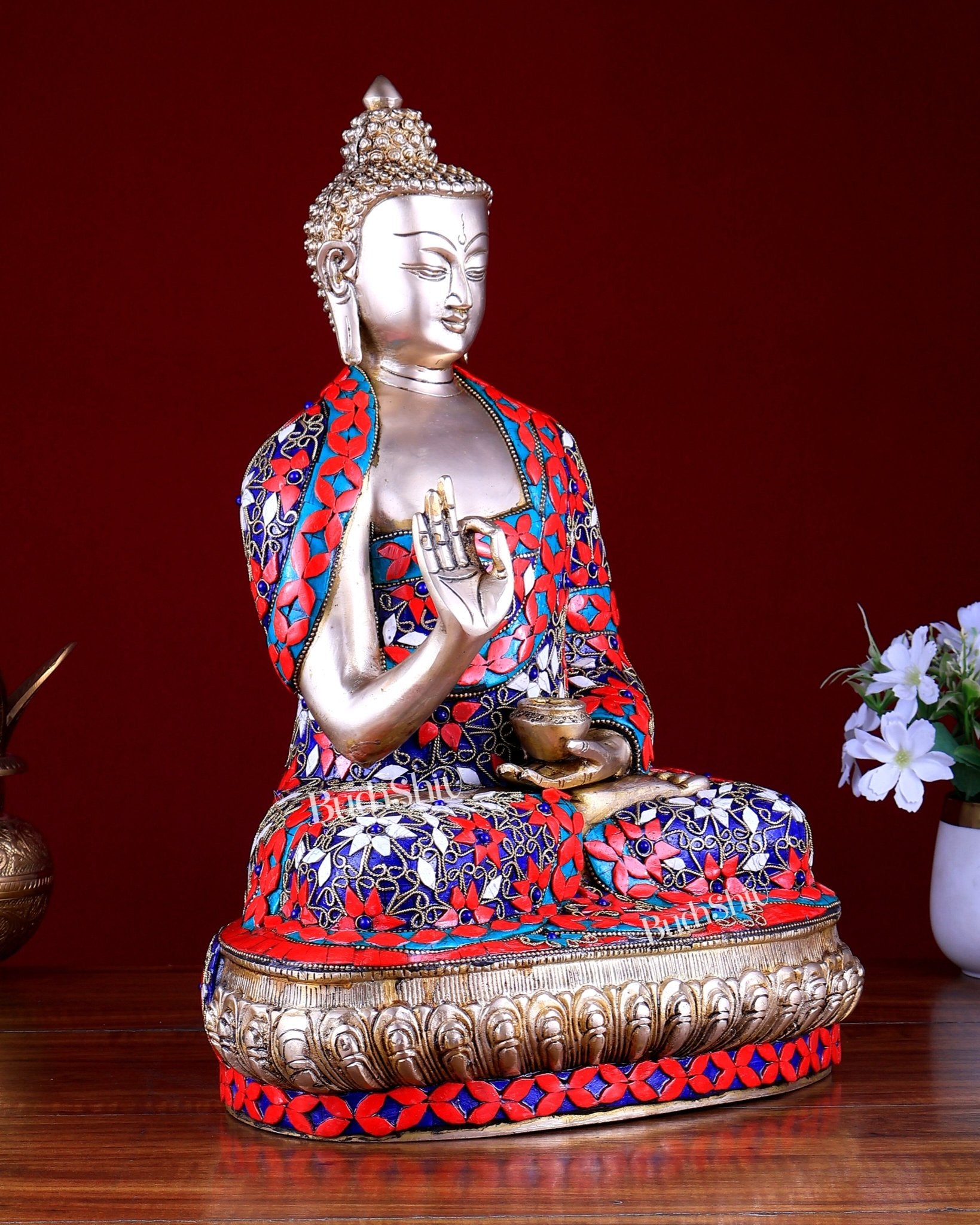 Brass Buddha Statue with Floral Stonework 16 inch - Budhshiv.com