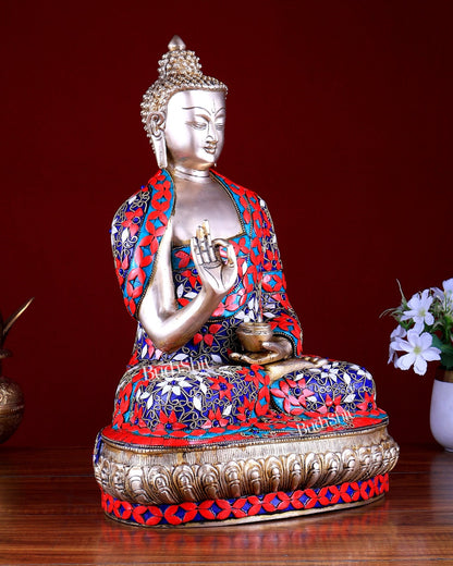 Brass Buddha Statue with Floral Stonework 16 inch - Budhshiv.com